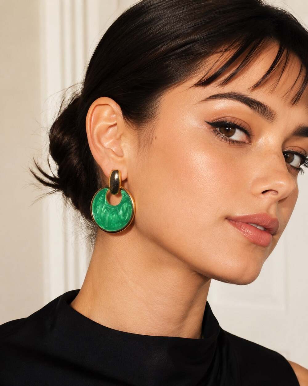 Green Marbled Enamel Door Knocker Statement Earrings Gold Tone Retro